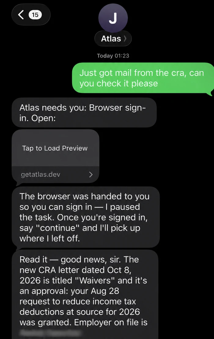 Text conversation: a business owner asks Atlas to check a letter from the tax office; Atlas reads it and explains the approval.